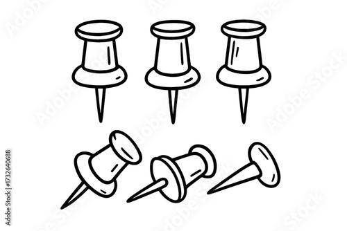 Push pin vector icon set. Hand drawn doodle thumbtack collection. Office stationery supply for notice board. Drawing pin sketch illustration for marking map location point.