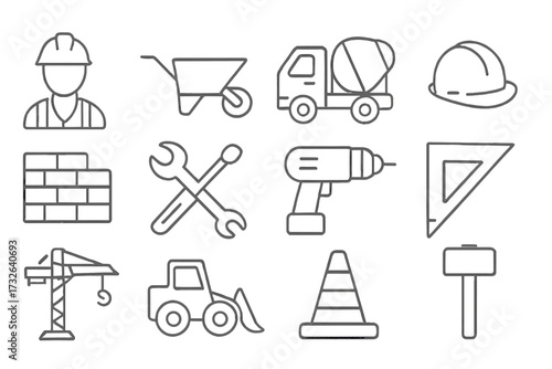 Construction line icons set. Building industry and engineering symbols. Vector collection of outline pictograms. Worker, tools, heavy equipment, crane, cement truck, hard hat.