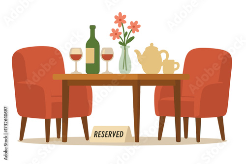 Reserved table for two in a cozy restaurant or cafe. Romantic dinner date concept with wine, flowers, and elegant table setting. Vector illustration of a diner interior.