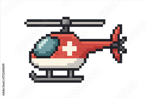 Medical helicopter pixel art icon. 8-bit rescue air ambulance sprite for video game. Emergency healthcare chopper symbol. First aid transport aviation vector illustration.