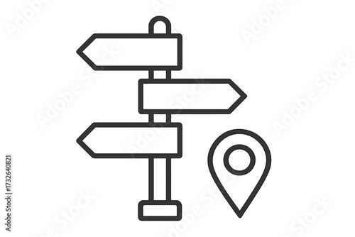 Direction signpost with arrows and location pin. Concept of choice, decision, crossroads, and finding a path. Wayfinding, guidance, and navigation for travel, journey, or route.