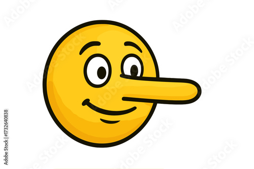 Liar emoji icon with a long nose. A symbol of lying, dishonesty, and deception. Metaphor for fake news, untruthful information, and cheating. Vector emoticon smiley concept.