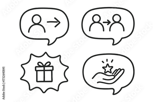 Refer a friend program doodle icon set. Customer referral marketing strategy concept. Hand drawn vector line illustration for loyalty bonus, gift reward and promotion communication.