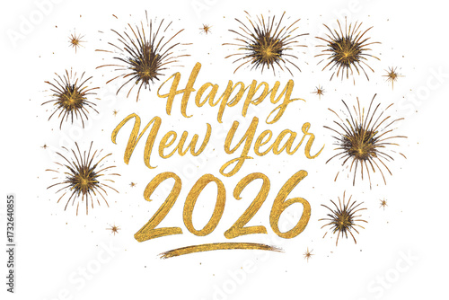 Happy New Year 2026 vector background. Luxury golden glitter calligraphy text effect. Festive holiday illustration with fireworks for a new year's eve party celebration.