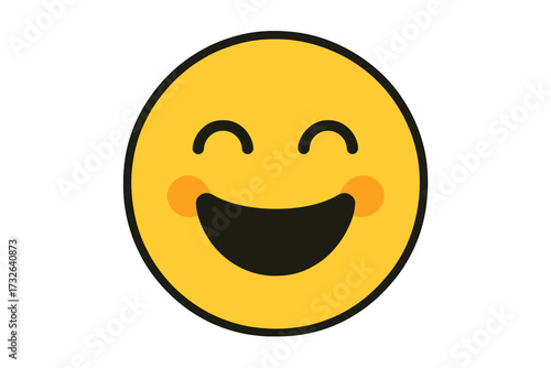 Happy smiling emoticon character. Cute funny emoji face. Vector icon for positive emotion expression. Yellow smiley symbol of joy, fun and good mood. Graphic web design element.