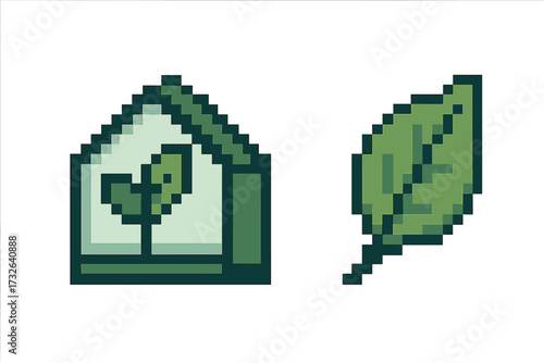 Pixel art greenhouse and leaf icon set. Vector illustration for ecology, nature, and environment concepts. Retro 8 bit video game style graphic for sustainable design ideas.