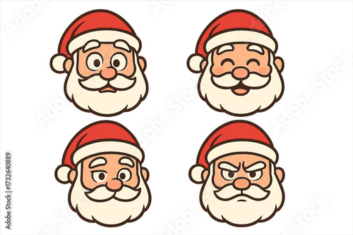 Santa Claus emoticons set. Cute Christmas character faces with various emotions. Happy, angry, winking, surprised. Xmas holiday cartoon vector illustration head icon pack.