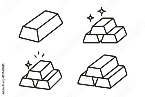Gold bars outline icon set. Bullion ingot stack vector illustration. Concept of wealth, finance, banking, investment. Precious metal treasure for economic stability, profit.
