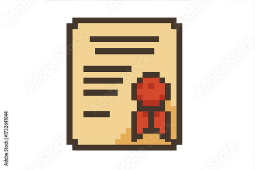Pixel art certificate icon. 8-bit diploma illustration. Retro video game asset for achievement or award. Vintage paper document, degree, or license with red wax seal. Graduation.
