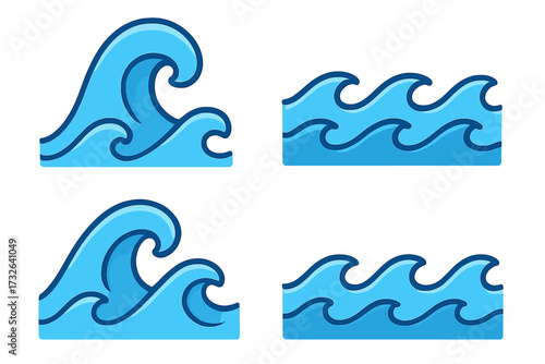 Set of ocean wave vector icons. Flat style cartoon illustration. Sea water surf symbol collection. Blue tidal wave graphic design elements. Isolated on transparent background.