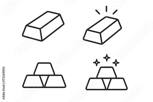 Gold bars outline icon set. Bullion and ingot symbols. Finance, investment, and wealth concept. Line art vector illustration for banking, treasure, and currency design. Editable stroke.
