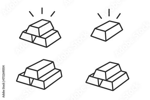 Gold bars outline icon set. Vector illustration of wealth, finance, and investment. Simple line art bullion symbols for banking and treasure concepts. Editable stroke.
