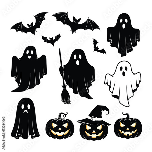 Halloween Collection: Spooky silhouettes of ghosts, bats, and jack-o'-lanterns come alive, perfect for any frightful project. A dark and spooky collection featuring bats, ghosts, and pumpkin.