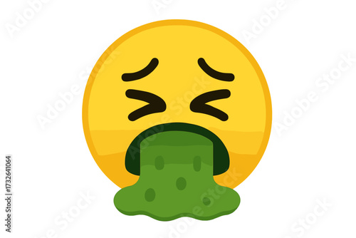 Grossed out emoticon vector illustration. Sick emoji face puking green liquid. Concept of nausea, disgust, illness, food poisoning, hangover, bad taste. Unwell character.