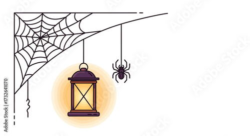 Spooky Halloween night scene with lantern, spider, and web, perfect for seasonal promotions or festive invitations, adding a touch of eerie charm