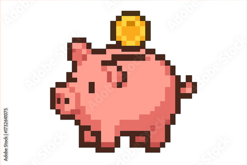 Pixel art piggy bank icon with gold coin. 8-bit retro video game asset. Concept for saving money, finance, investment, banking, economy, budget, wealth, deposit, earnings.