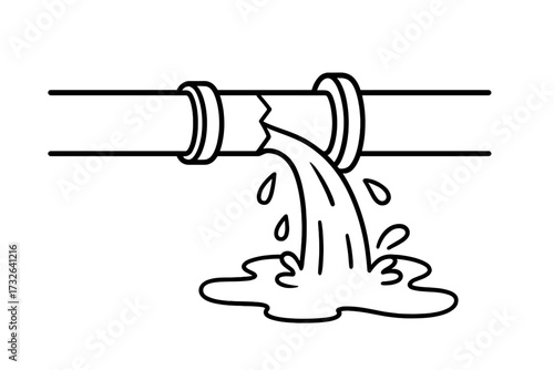 Broken pipe with water leak line icon. Burst pipeline concept illustration. Plumbing problem, home flood and water damage symbol. Emergency repair needed. Vector cartoon drawing.