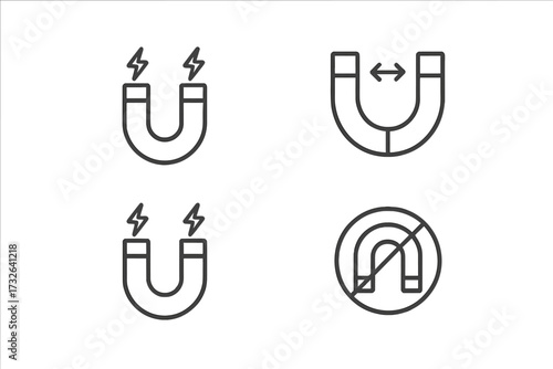 Magnet line icon set for UI design. Editable stroke vector pictograms. Concepts of magnetic field, attraction, repulsion, electricity, power, and anti-magnetic symbol.