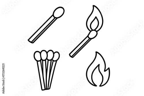 Matchstick vector line icon set. Outline graphic collection of burning match, fire flame, unlit stick. Simple flammable danger symbol for web, logo, app design concept.