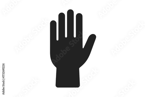 Raised open hand glyph icon for stop gesture. Palm symbol for voting, help, or volunteering. High five sign. Black vector silhouette for graphic design element.
