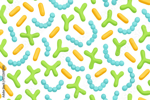 Microbiome seamless pattern. Probiotic bacteria background with lactobacillus, bifidobacteria, acidophilus. Prebiotic gut flora for healthy digestion. Vector cartoon 3d illustration.