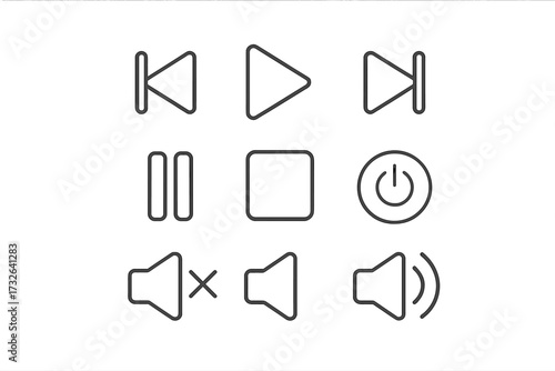 Minimalist media player icon set. Vector line art for UI and UX design. Play, pause, stop, next, previous, volume, mute, and power buttons for audio and video controls.