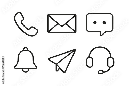 Communication icon set vector. Minimalist line art contact icons. Phone, mail, chat, notification bell, paper plane, headset symbols for web and mobile app interface design.