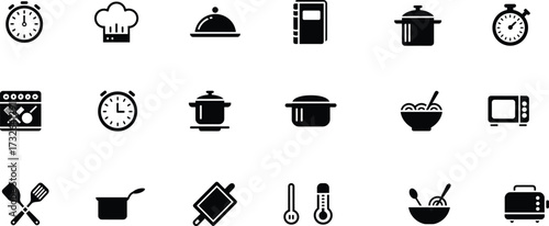 Essential black kitchen icons set, including cookware, timers, chef hat, utensils, and appliances, perfect for cooking, recipes, food design.