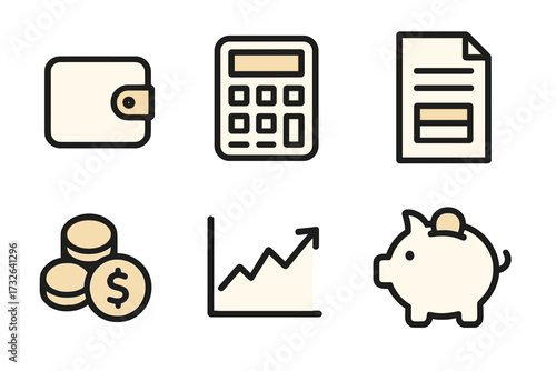 Finance icons set. Minimalist vector symbols for money, banking, and savings. Wallet, calculator, tax document, coins, growth chart, and piggy bank for budget concepts.