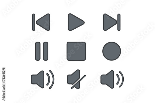 Media player control icon set. Vector illustration of user interface buttons for audio and video. Includes play, pause, stop, record, next, rewind, forward, and volume symbols.
