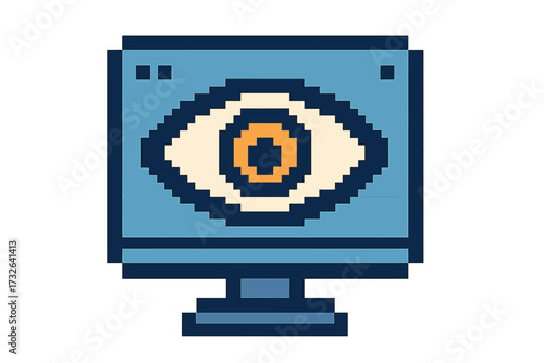 Pixel art monitoring icon. Eye on computer screen. Concept of surveillance, data tracking, privacy, security. Big brother is watching. Retro 8-bit digital supervision technology.