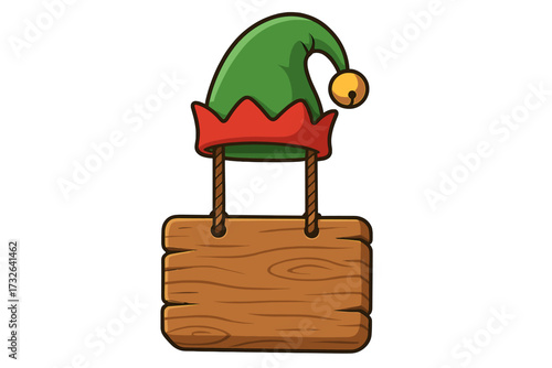Christmas elf hat on hanging wooden sign. Blank wood plank for holiday message. Cartoon vector for winter greetings. North Pole workshop element. Festive empty signboard banner.