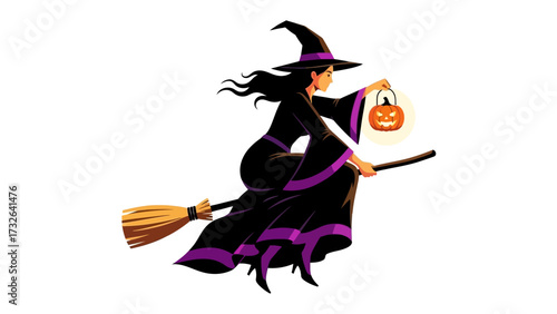 Whimsical Witch's Flight: A beautifully illustrated witch gracefully soars through the night sky on her broom, clutching a glowing pumpkin lantern, evoking the magic and fun of Halloween.