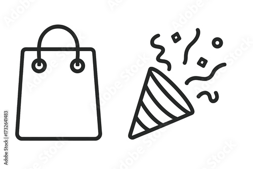 Shopping bag and party popper icon set. Celebration, sale, and holiday symbols. Linear vector illustration for event, birthday, or retail promotion. Minimal outline graphic design element.