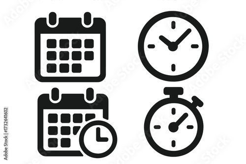 Time management icons set. Black glyph pictograms of calendar, schedule, clock, and stopwatch. Vector symbols for deadline, appointment, and planning. Simple flat design.