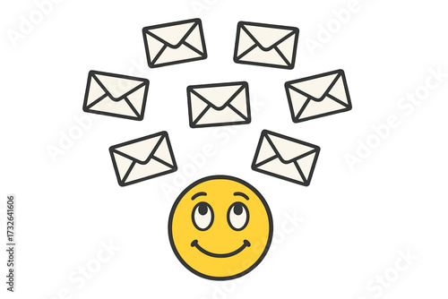 Email receiving concept. Happy emoji smiley looking up at falling envelope icons. Mail delivery. Message notification. Communication. Correspondence. Inbox. Digital marketing.