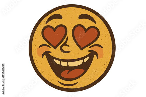 Retro vintage emoticon smitten with passion. Crazy-in-love smiley face vector. Editable emoji illustration with heart eyes. Cartoon character symbol of romance and affection.