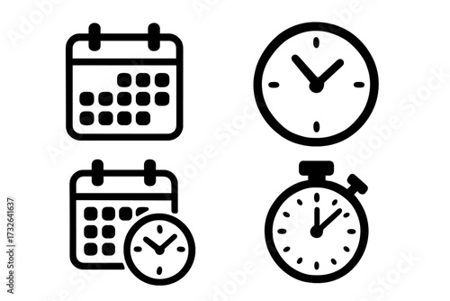 Time management vector icon set. Simple black outline symbols for business productivity. Includes calendar, schedule, clock, stopwatch, timer for deadline and appointment concepts.