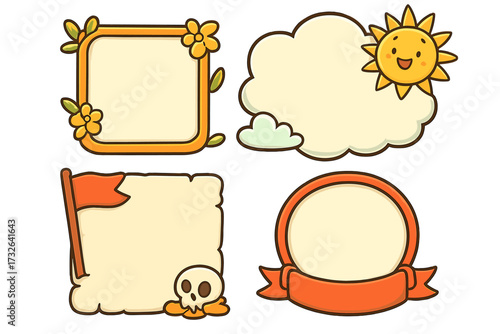 A set of cute cartoon frames for kids' designs. Vector collection of text boxes includes a sunny cloud, a floral border, a pirate parchment with a skull, and a ribbon banner.