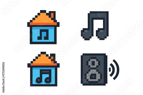 Music and sound pixel art icon set. Collection of 8-bit retro video game assets. House music, audio speaker, and musical note symbols. Vector graphic elements for web or app.