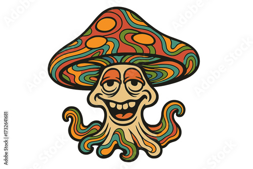 Retro groovy trippy mushroom character with funny face. Hippie psychedelic toadstool. Funky fly agaric fungus. Vintage hallucinogenic magic fungi from 70s for sticker.