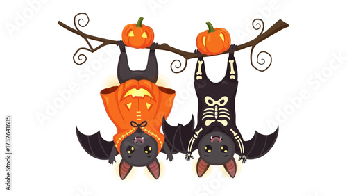 Whimsical Halloween Bats: Two adorable cartoon bats, one playfully attired as a jack-o'-lantern and the other with skeletal markings, cling upside down from a gnarled branch.