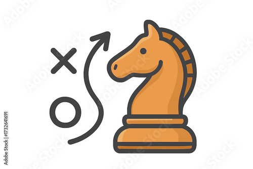 Strategy concept with chess knight. Business tactics and marketing plan. Game theory symbol with horse. Smart move for goal achievement and project management vector icon.