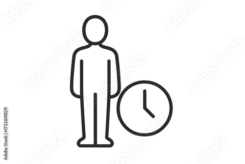 Time management concept with person and clock line icon. User, schedule, waiting, deadline, appointment, duration, history, availability. Vector symbol for business graphic.