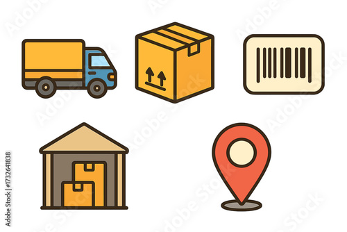 Shipping and logistics icon set for delivery service. Vector cartoon illustration of truck, package, barcode, warehouse, and location pin. Freight and cargo transport concept.