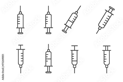 Syringe injection vaccine icon set. Medical and healthcare linear icons. Minimalist outline pictogram collection for web design, app, ui, ux. Vector illustration isolated.