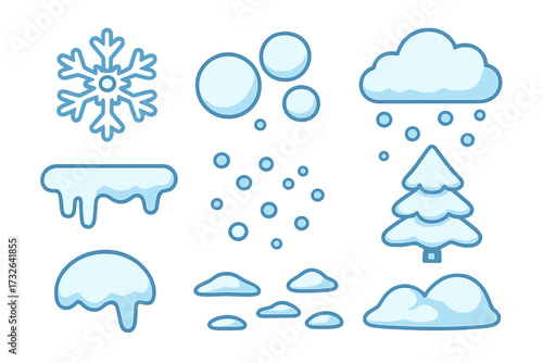Snow icon set. Winter decoration elements. Flat cartoon vector illustration. Snowflake, icicle, snowdrift, snowball, fir tree, cloud, snowfall. Christmas holiday design symbols.