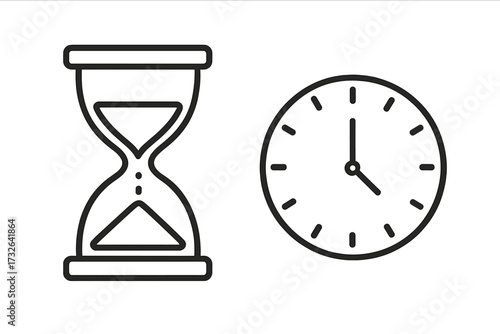 Time icon set with hourglass and clock. Linear outline vector illustration. Concepts of deadline, countdown, schedule, time management, waiting, urgency, passing time, sandglass.