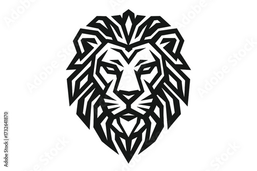 Stylized geometric lion head logo. Vector illustration of a powerful king mascot. Abstract tribal animal symbol for strength, courage and leadership. Modern tattoo design icon.