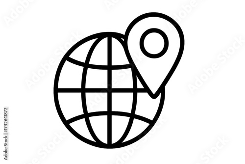 Globe with map pin icon. World travel and global destination concept. Location pointer on planet earth. International business or navigation sign. Linear vector illustration.